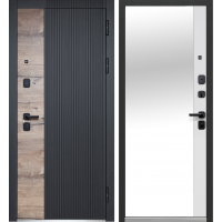 Дверь входная LUXOR 2МДФ Дуб Вертикаль Канадский дуб пацифик / Сатин черный - Эмалит белый с зеркалом