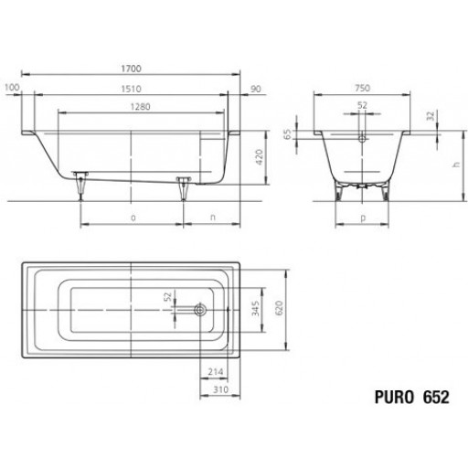 Стальная ванна Kaldewei Puro 256200013001, 170x75 мм, модель 652 прямоугольная